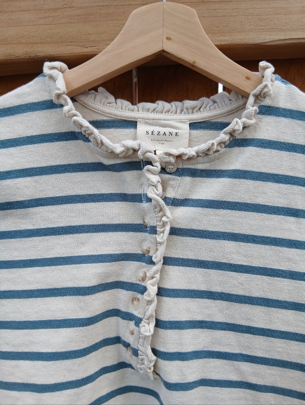 Sezane Gael Mariniere Striped Ruffle Henley Top S Sage Ecru - Picture 4 of 6